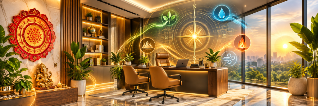 Vaastu-compliant office cabin with Sri Yantra, compass and five elements