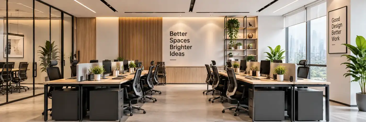 Workbox Decor - modern office interior with open workstations and glass cabins