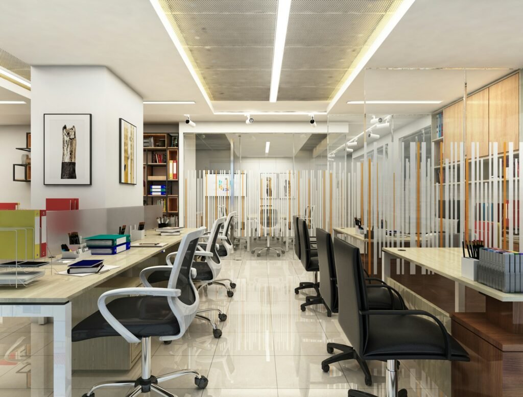 Modern office interior in Noida with workstations and meeting area